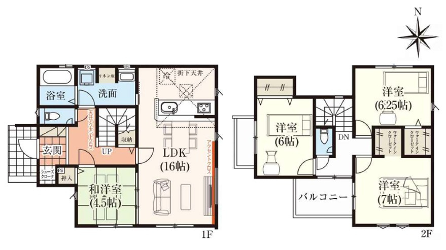 新築　太田市新田上江田町　2号棟　GRAFAREの間取り|4LDK　建物約30坪　ウォークインクローゼット2か所と収納豊富！洗面脱衣所は広々3帖！