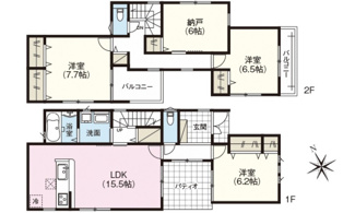【間取り】 | 廿日市市住吉（廿日市駅）全3区画　NO3【外構込み】 | 15.5帖リビング☆2階3部屋☆ファミリータイプ3LDK＋S☆各居室に収納☆納戸☆バルコニー×2