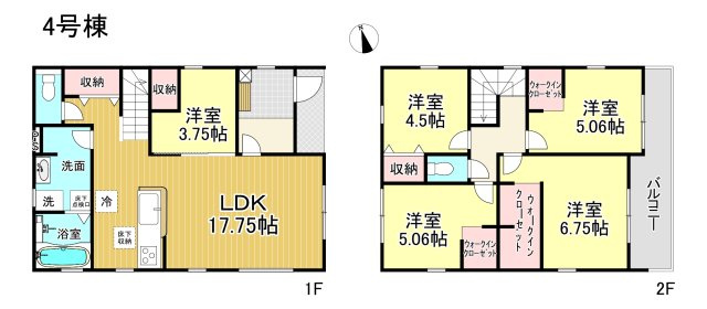 知多市金沢字郷中　全4棟の間取り|【4号棟】2階建、2280万円、5LDK、土地面積:173.97㎡　建物面積:105.99㎡
