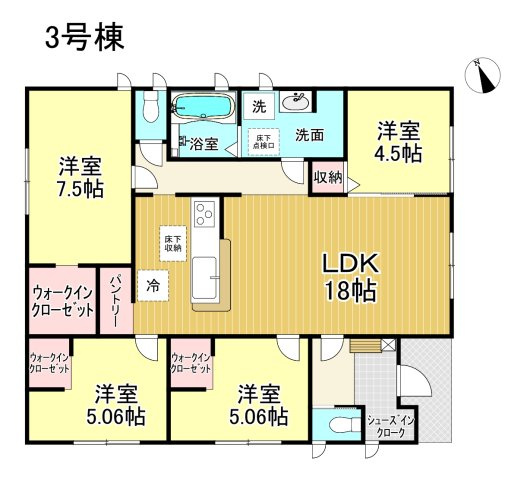 【今すぐご案内可能】知多市金沢字郷中　全4棟の間取り|【3号棟】平屋、2680万円、4LDK、土地面積:205.38㎡、建物面積:96.06㎡
