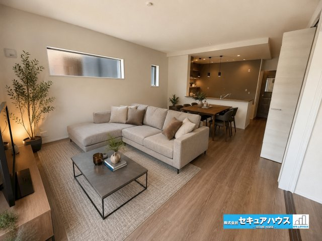 【本日ご案内可能】知多市金沢字郷中　全4棟の居間・リビング|【リビングに家具を配置したイメージ図】
◆シンプルなデザインのリビングのため好きなテイストの空間をつくることができます。また広々とした設計のため大きなソファやテレビを置くことができます。　　　　　　　
