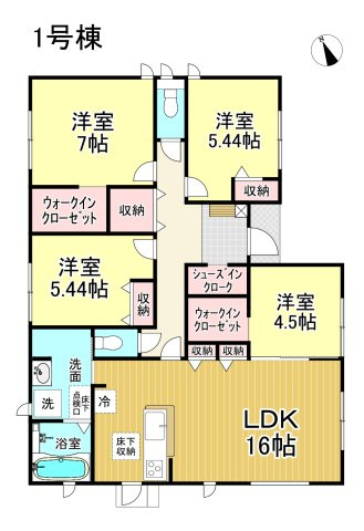 【本日ご案内可能】知多市金沢字郷中　全4棟の間取り|【1号棟:平屋】2680万円、4LDK、土地面積:221.96㎡　建物面積:96.06㎡