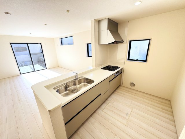 三郷市彦糸１丁目新築戸建のキッチン|広々システムキッチン・シンクの水栓には浄水器がついてます！