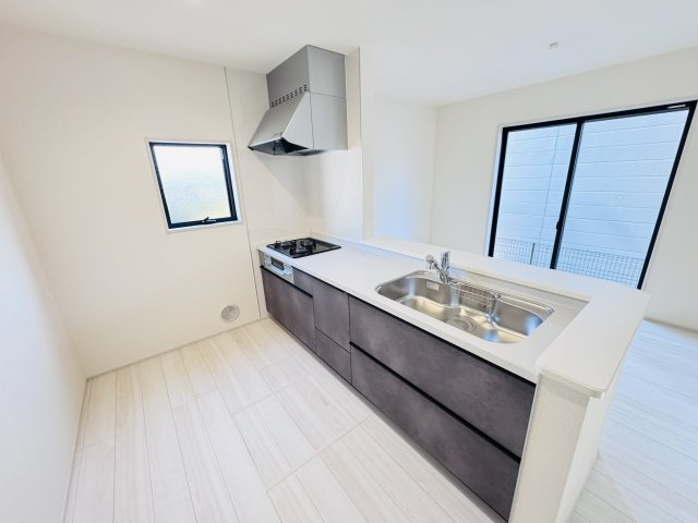 三郷市彦糸１丁目新築戸建のキッチン|広々システムキッチン・シンクの水栓には浄水器がついてます！