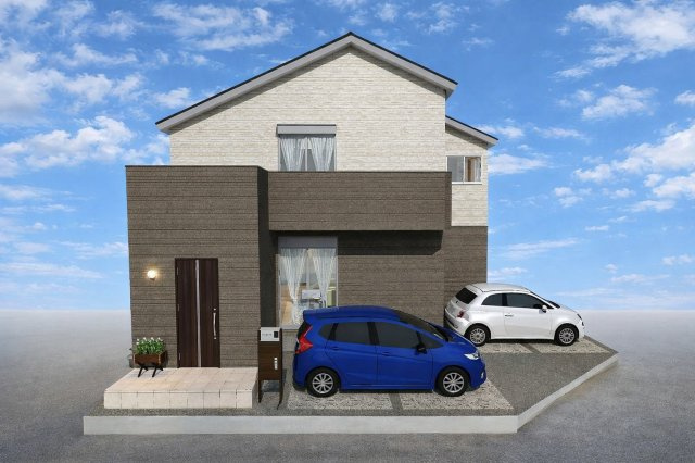 西京極東大丸町　新築参考Bプランの外観パース|【外観イメージパース：新築参考Bプラン】
落ち着いた色味の外観は、スタイリッシュで洗練された印象を与えてくれます。（新築参考Bプラン9476㎡、建物価格1898万円）