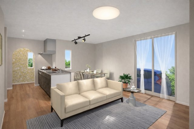 西京極東大丸町　新築参考Bプランの完成予想図|【LDKイメージパース：新築参考Bプラン】
リビング側・キッチン側の双方からお互いの姿が見え、お料理中もお子様の様子を見守れます♪（新築参考Bプラン9476㎡、建物価格1898万円）