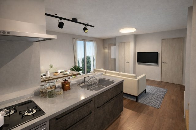 西京極東大丸町　新築参考Bプランの完成予想図|【LDKイメージパース：新築参考Bプラン】
奥行きあるリビングは、ソファーやテーブルなど十分に置くゆとりがございます。（新築参考Bプラン9476㎡、建物価格1898万円）