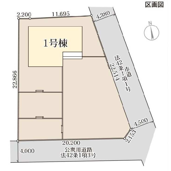 新築　前橋市鼻毛石町第６　Livele Garden.S　１号棟の区画図|1号棟　区画図　南側接道幅員約4ｍ　東側接道幅員約4.3ｍ
