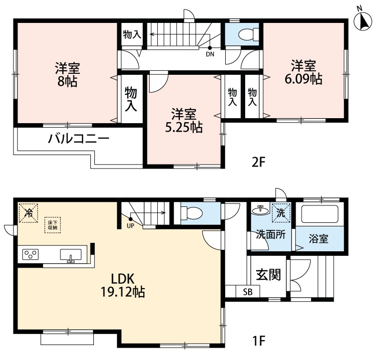 小牧市新町１丁目　中古戸建の間取り|LDKゆとりの１９.１２帖。全居室南向き。