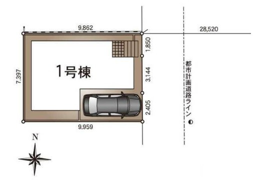 三郷市天神1丁目　新築戸建　全1棟の区画図|カースペース1台分付きの整形地