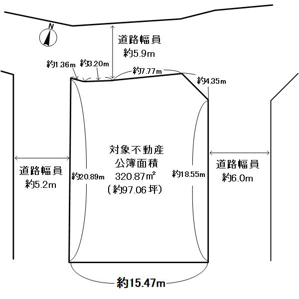 岩倉長谷町土地の土地図|公簿面積320.87㎡、約97.06坪。駐車場跡地の更地です。