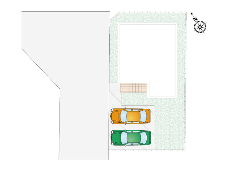 17号棟　区画図　並列2台駐車可能です。外水栓付きで、ホースをつなげば、洗車やガーデニング、ペットのシャンプーなどにもご活用いただけます。