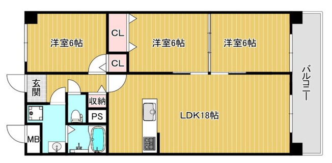 【間取り】 | シャトー第2八戸ノ里 | 全洋室3LDK♪LDKゆったり18帖！全居室6帖♪室内リフォーム済み☆食洗機付きのシステムキッチン・給湯器・モニターホン新調等☆
