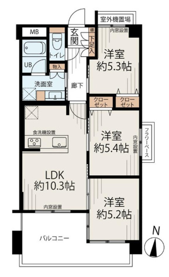 【間取り】 | ドムール加美西公園 | 【南東角住戸！室内フルリノベーション済み☆（2025年6月完了）水廻り設備一新！食洗器・浄水器・バス追炊機能・浴室乾燥機完備☆内窓設置（洋室5.2帖の窓以外）で防音断熱効果UP！全室エアコン設置可能】