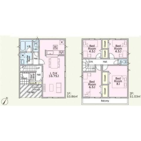 平塚市達上ケ丘　新築戸建　全2棟の間取り| 南向き　４LDK

