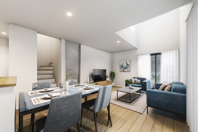 ＼新築モデルハウス／　好評販売中！　静岡市葵区新伝馬１期　全２邸の完成予想図|※完成後の暮らしをイメージした内観パースです