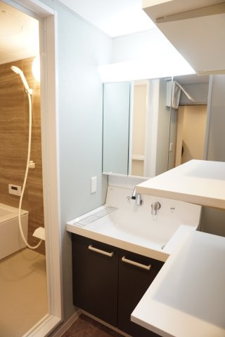 シャトー第二八戸ノ里の独立洗面台|便利な可動棚で収納力アップ