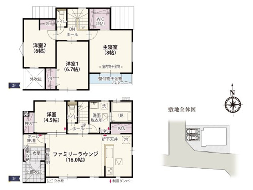 【間取り】 | 洗面所から2階へのアクセスもよく家事の時短にもなります。主寝室には室内物干金物を設置してあるので雨の日のお洗濯もラクラク！