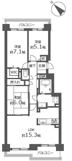 【間取り】 | パーク・シティ大谷地Dコート | 3LDK・トランクルーム有り・オートロック付き・2面バルコニー・ペット飼育相談可能・駐車場2台可能（条件有）