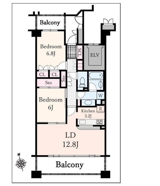 ガーデンズ綱島スカイウイングの間取り|綱島駅徒歩圏、２LDK,南西向き、使い勝手の良い明るいリビングダイニングにつながるバルコニーが魅力な間取りです。