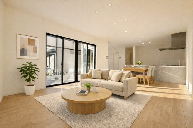 練馬区大泉学園町1丁目　新築戸建の居間・リビング|太陽子パネル標準搭載のZEH水準住宅！！

現地ご見学希望・資料請求などお気軽にお問い合わせ下さい！
03-5990-5201