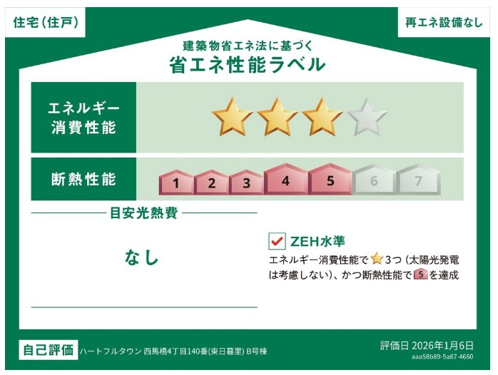 松戸市西馬橋４丁目新築戸建【旭町小学校：8分】の省エネ性能ラベル|省エネ性能ラベル・ZEH水準