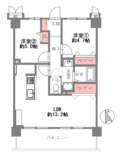 【間取り】 | リブコート鴫野 | 【2LDK＋南向きバルコニー☆】室内水廻り設備一新！全面リフォーム済み☆安心の新調設備保証付き☆食洗機＆浄水器・浴室乾燥機完備☆レースカーテン付きです☆