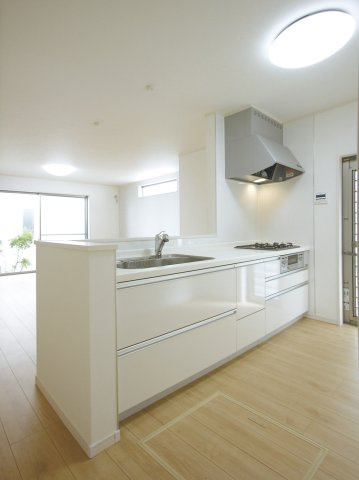 練馬区谷原1丁目のキッチン|人気の対面キッチン
白を基調とした清潔感あふれるキッチン
です
ゴミ出しや換気に便利なキッチン扉を設置しています