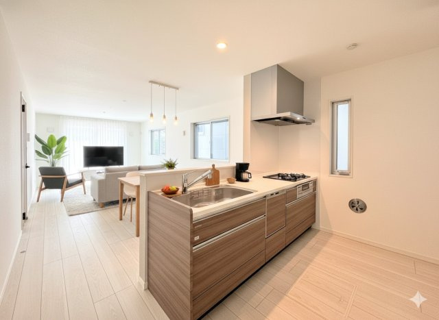 茅ヶ崎市柳島2丁目　新築一戸建の居間・リビング|◆20(家具はイメージです)帖超えの開放的なリビング。大きな窓から明るい光が差し込み、明るく気持ちの良い空間。家族が自然と集まるリビングです。