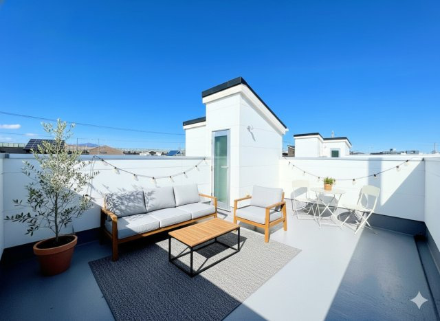 茅ヶ崎市柳島2丁目　新築一戸建のバルコニー|◆ルーフバルコニーにコンセント、水道、ライトを設けました。水遊び、家庭菜園、BBQなど家族団欒の時間をお過ごしいただけます。(家具はイメージです)