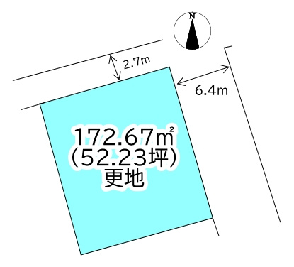 田の上1丁目　売土地の土地図|北東角地という配置を活かし、東側の広い道路から駐車場を確保しつつ、南側に庭を設けるプランが描きやすい形状です。隣地との距離を保ちやすく、プライバシーを守りながら明るい室内環境を構築することが可能です。