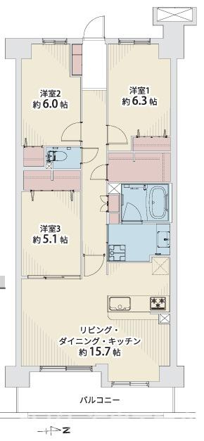 グランシティ湘南海岸Ⅱの間取り|ウォークインクローゼット付　３LDK