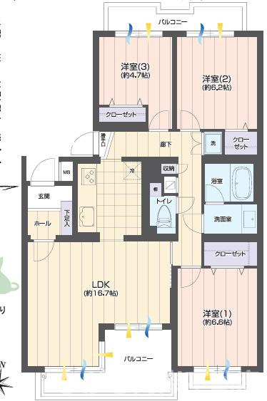 ハイマート辻堂の間取り|南向き　３LDK