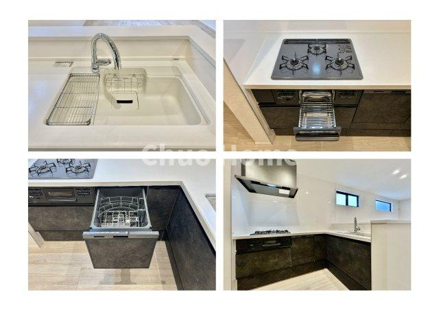 荒川区西尾久2丁目新築分譲住宅のキッチン|【システムキッチン】ワイドで収納豊富な使い勝手の良いカウンターキッチンには、食洗器や伸縮タイプのキッチン水栓、三ツ口コンロ・魚焼きグリルなどの便利な設備が標準完備されています。