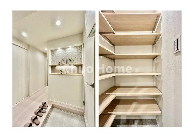 トーア平井マンションの玄関|【玄関】玄関には大型のシューズクローゼットを設置しておりますのでいつでもスッキリりとした空間を保てます。玄関周りを清潔に使うのはとても大事なことですよね。