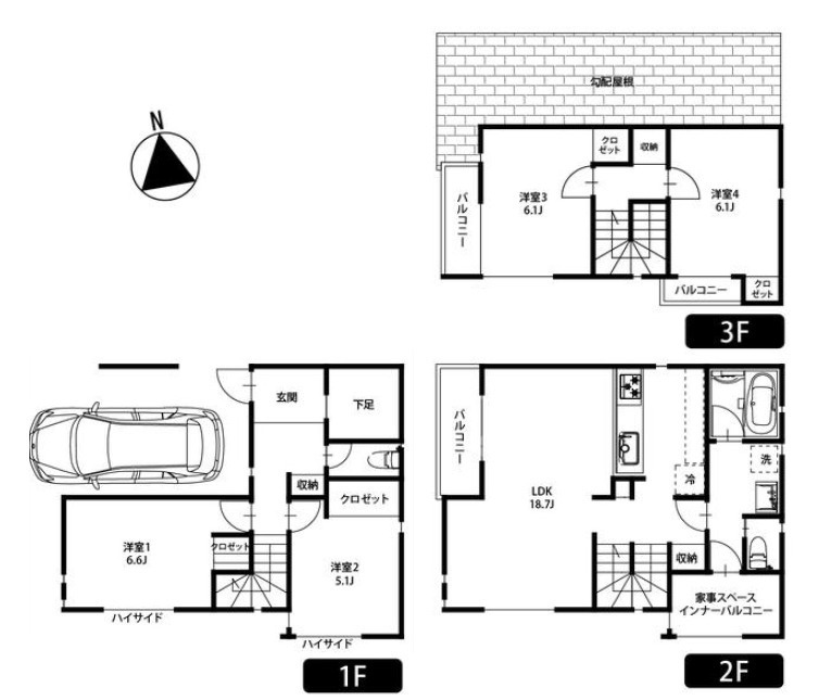 板橋区高島平1丁目　自然×利便　建築条件なし　全2区画の参考プラン|A区画　4LDK+ビルトイン車庫　敷地面積 47.32ｍ2　建物面積 120.82ｍ2