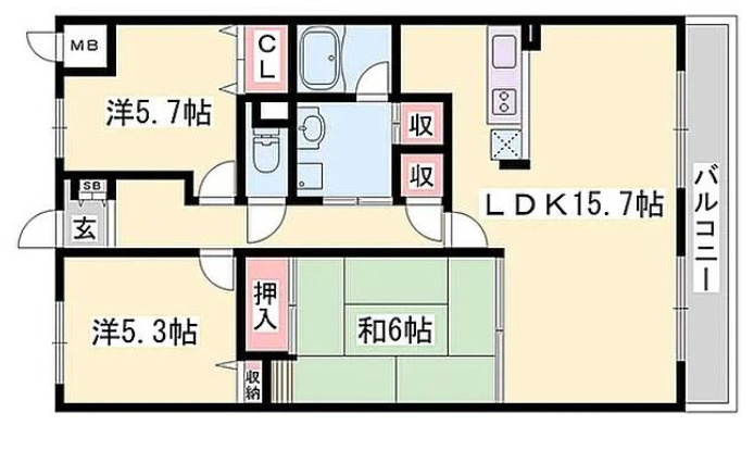 サクラメント東加古川　6階の間取り|3LDKです。