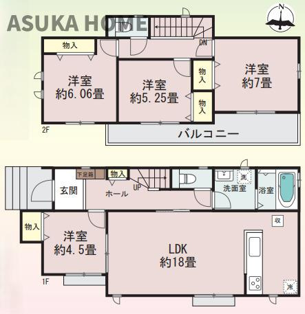 旭区今宿１丁目戸建ての間取り|全室南向きの窓から陽の光がサンサンと差込む大変明るい住宅は、使い勝手の良い4LDKの間取りです。