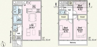 【間取り】 | 海老名市国分寺台1丁目  2号棟 第17 | 防犯カメラ（利用時Wifi接続必要）　人感センサー付玄関灯　二部屋から行き来できる南向きバルコニー　浴室乾燥機+窓　全居室収納　LDK16.6帖