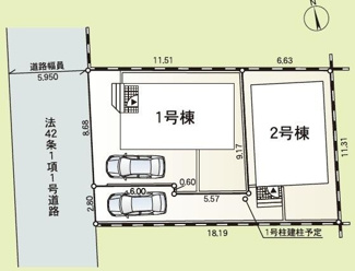 【区画図】 | 海老名市国分寺台1丁目  2号棟 第17 | 2号棟　旗竿地（間口約2.8ｍ）　西側約5.9ｍ公道　駐車1台（車種によります）　敷地面積31.5坪（路地状部分含む）