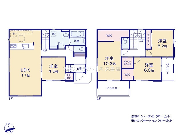 久喜市鷲宮8期　新築一戸建て　リガーレの間取り|17帖リビングには開放感を感じられる折上天井採用♪