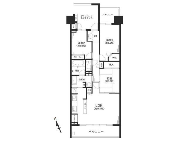 【間取り】 | グランジオ武蔵野　(保谷店) | 全居室6帖以上！広々LDKにWICなど収納も豊富なゆとりの住まい。水回りが一直線に繋がり家事効率も良好です。※図面を基に作成しています。現況と異なる場合は現況を優先いたします。