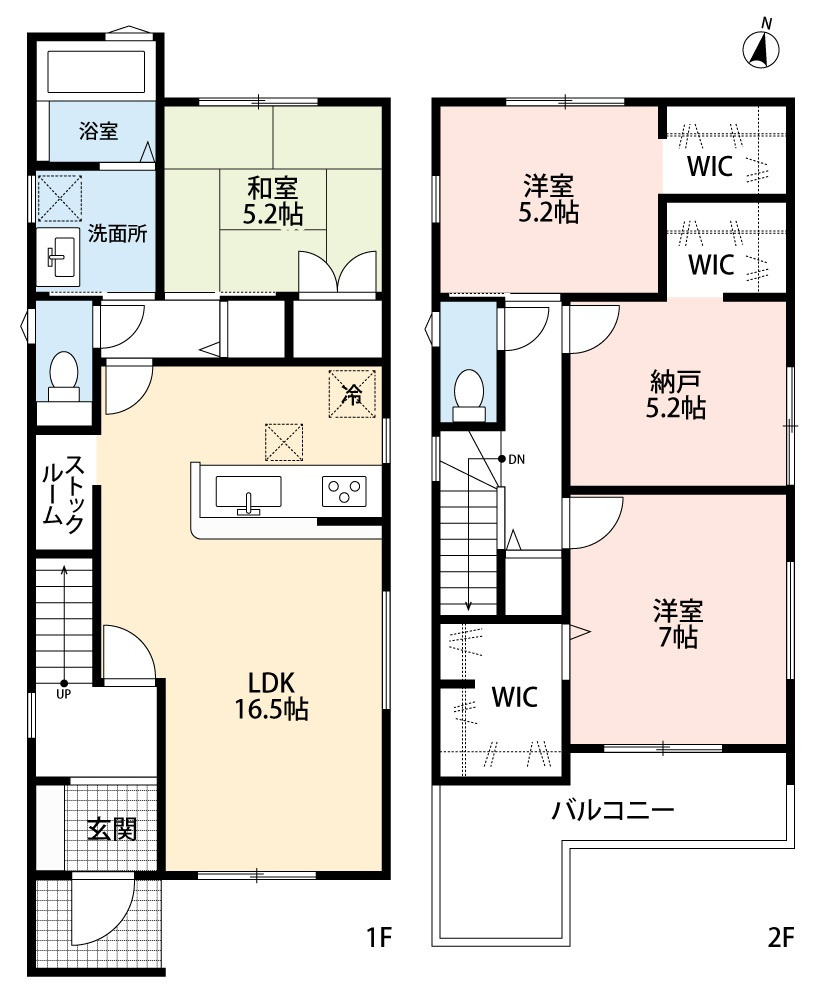 小牧市小牧１丁目　新築戸建　1号棟の間取り|２階全室ウォークインクローゼットあり。納戸あり。
ストックルームあり。１階に和室あり。