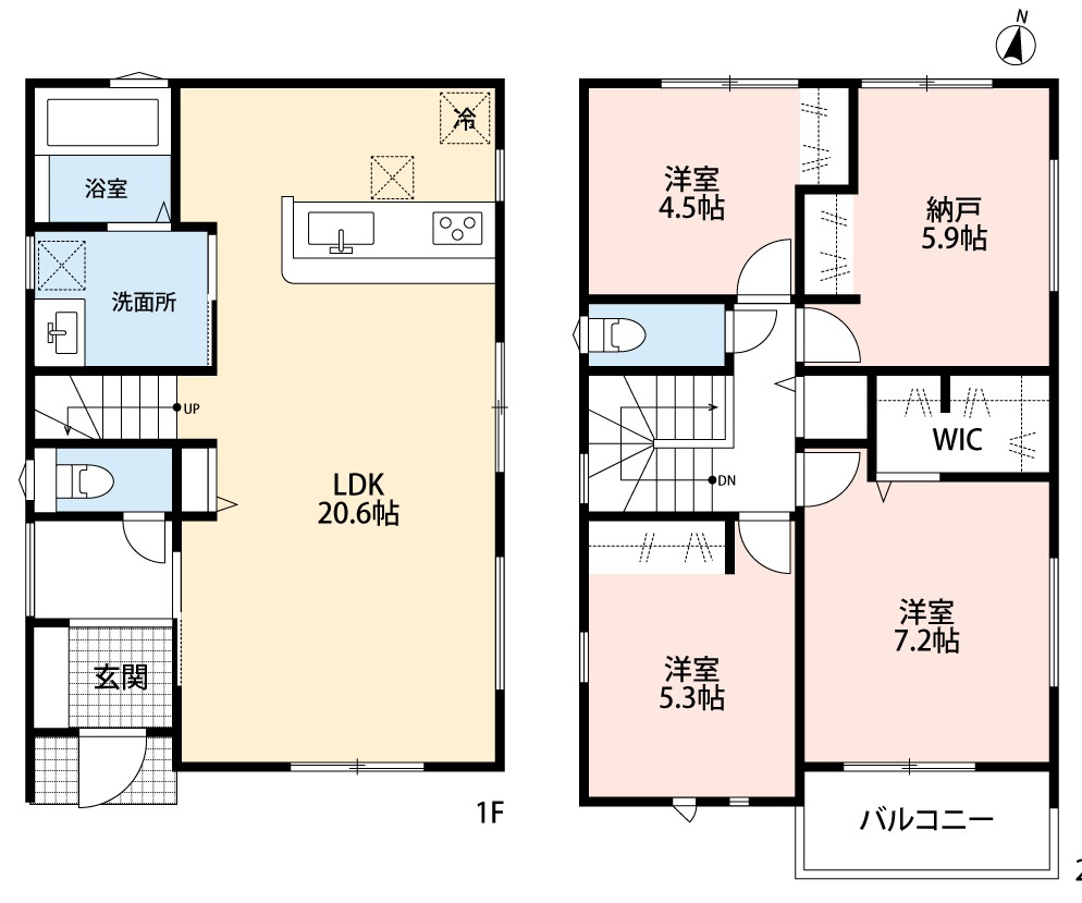 小牧市小牧１丁目　新築戸建　2号棟の間取り|広々LDK20.6帖。リビング階段。