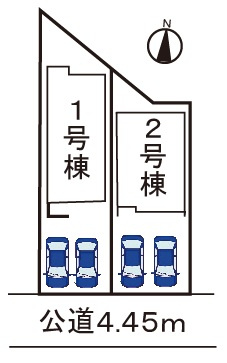 小牧市小牧１丁目　新築戸建　2号棟の区画図|南面道路・陽当たり良好。
駐車場並列２台可。
