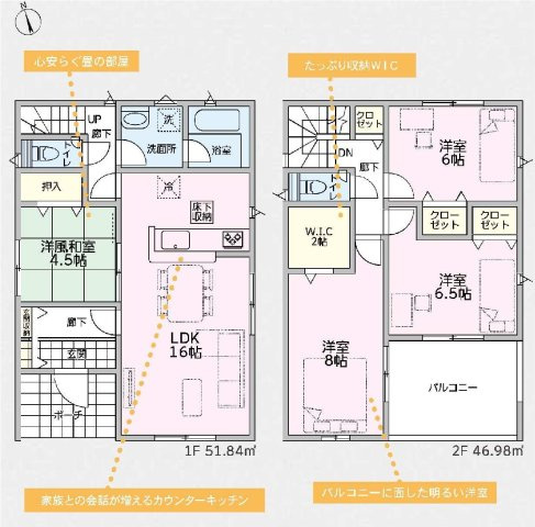 新築　太田市新田上江田町第1　クレイドルガーデン　１号棟の間取り|建物面積98.82㎡　ウォークインクローゼット・各部屋収納付きで便利です！日当たりの良い広々バルコニーは気持ち良くお洗濯物が干せます！							
