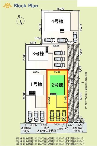 新築　太田市新田上江田町第1　クレイドルガーデン　2号棟の区画図|1号棟　区画図　南側接道幅員約4.5ｍ　東側接道幅員約5ｍ			
	
