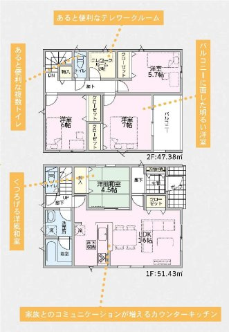 新築　太田市新田上江田町第1　クレイドルガーデン　3号棟の間取り|建物面積101.25㎡　2帖のテレワークルーム・各部屋収納付きで便利です！日当たりの良い広々バルコニーは気持ち良くお洗濯物が干せます！							
