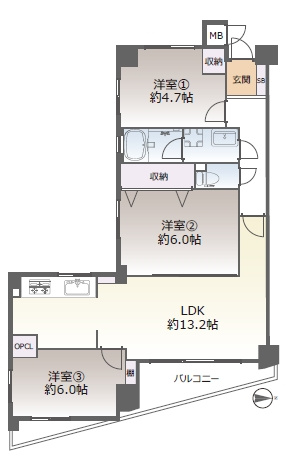コスモ堀川寺之内の間取り|3LDK、価格3599万円、専有面積65.17m2、バルコニー面積5.59㎡ 3LDK／65.17㎡