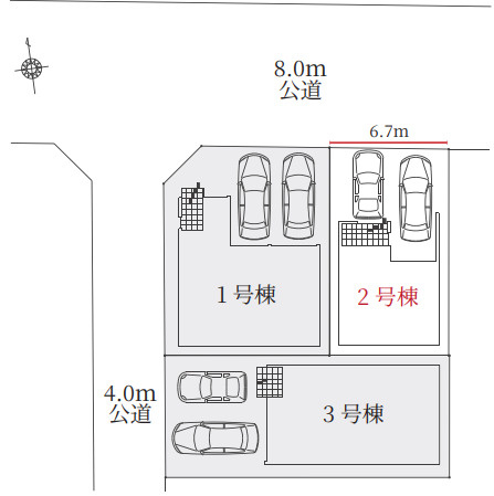 【同施工物件ご案内可能】刈谷市高津波町　全3棟の区画図|全体区画数｜全3棟
◆駐車並列2台可能！(但し、車種による)
◎まずは、お気軽にお問い合わせください。現地を案内しながら周辺環境も見て頂けます。